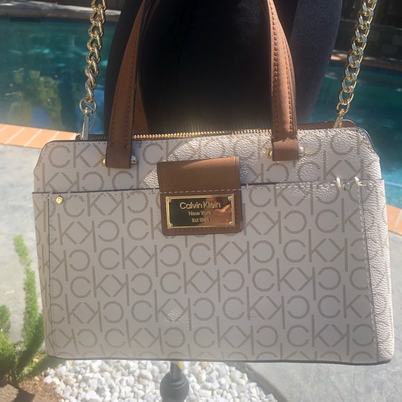 Calvin Klein Handbags - Calvin Klein (Brand New With Tags) Cream Logo Satchel w/Brown Trim&Gold Hardware